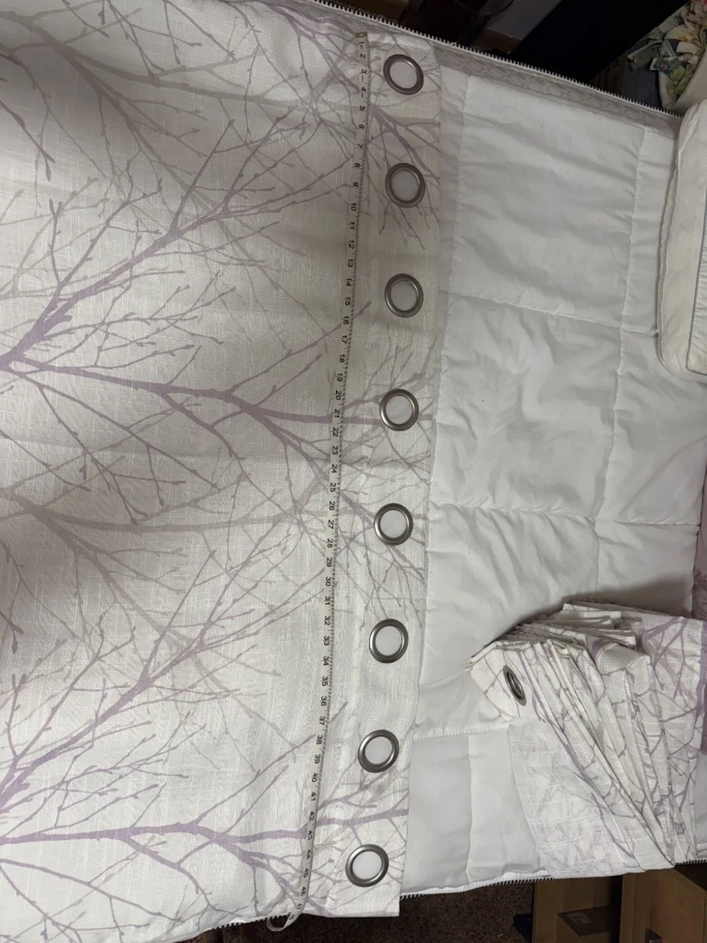 Set of 6 White Linen-Look Curtain Panels – Purple & Gray Tree Branch Print 48x54